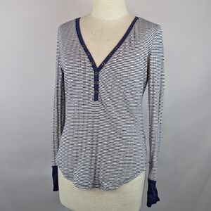 Pilcro Anthropologie Henley V-Neck Long Sleeve Striped Textured Blue White M NWT